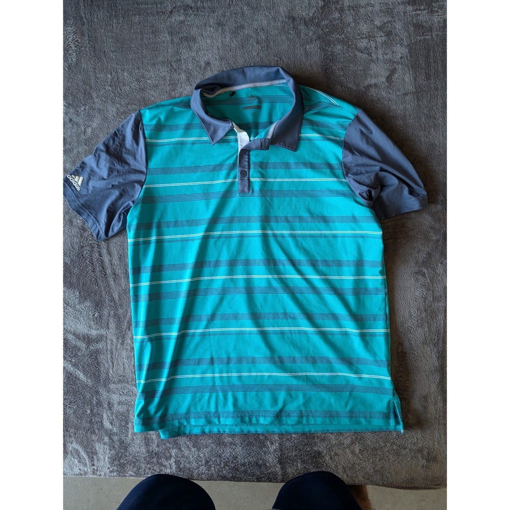 Adidas Golf Mens XL Polo Shirt Teal Grey Striped Short Sleeve Athletic Top